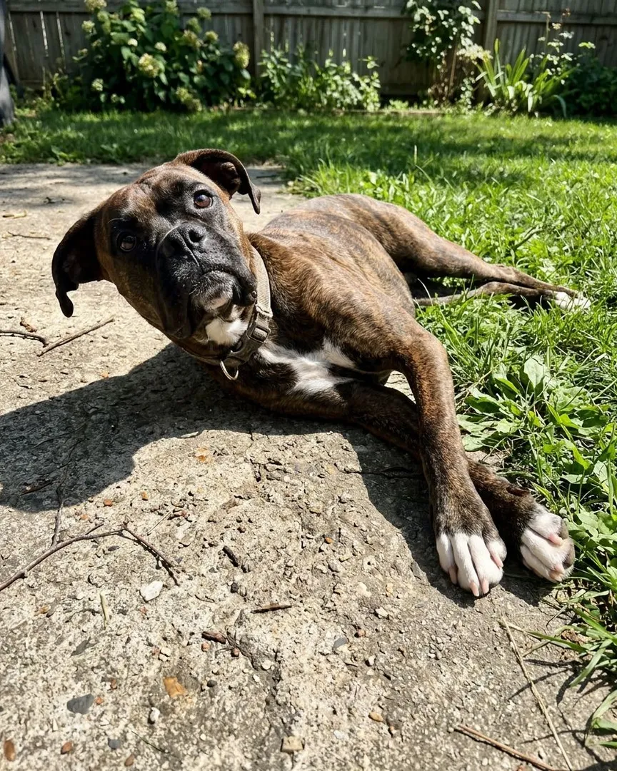 A brindle boxer dog resting on concrete next to a grassy lawn.