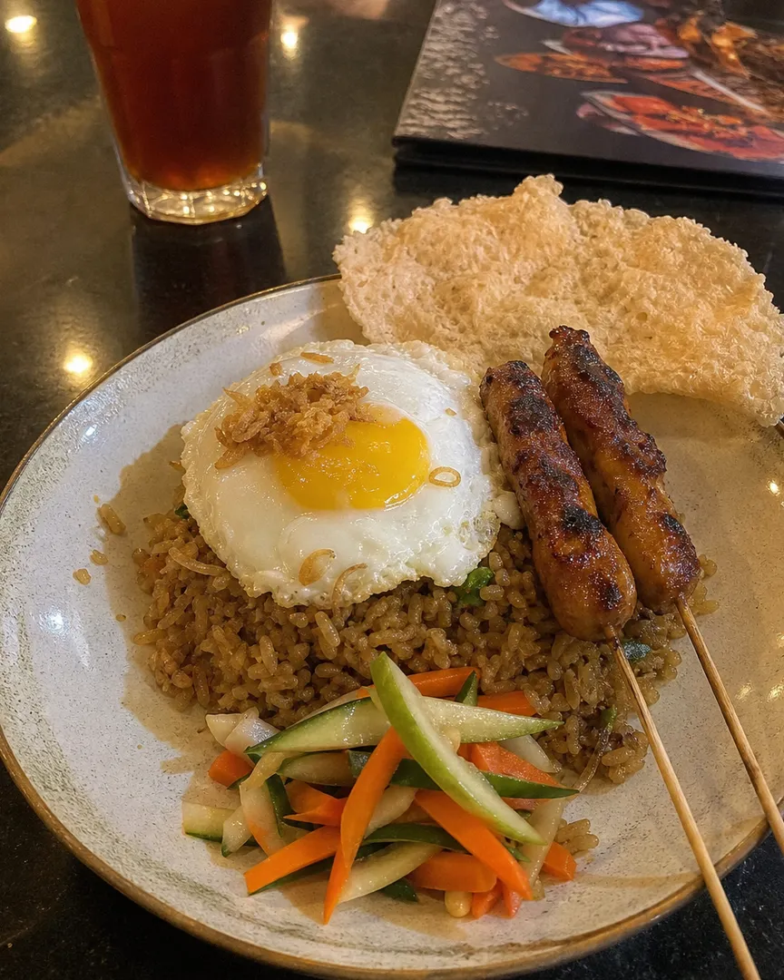 A plate of fried rice topped with a fried egg, satay skewers, and pickled vegetables.