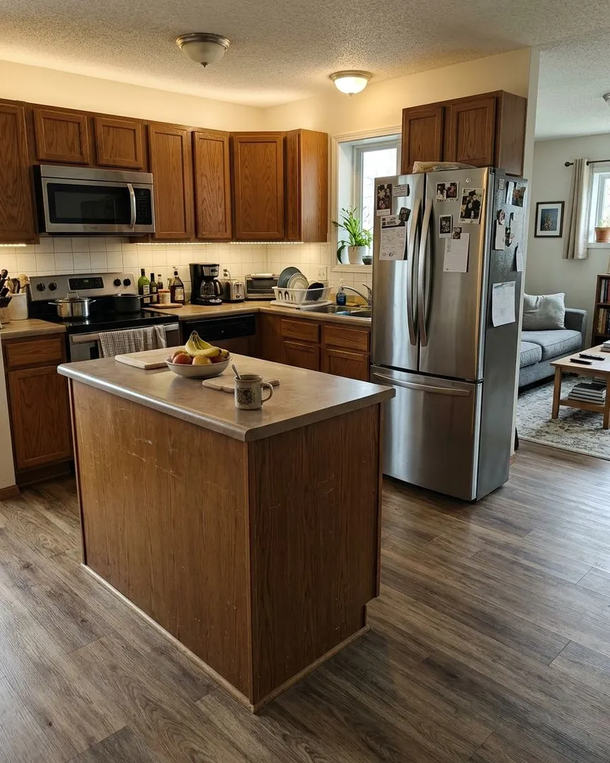 A kitchen with a wooden island, wooden cabinets, stainless steel refrigerator, and a living room in the background.