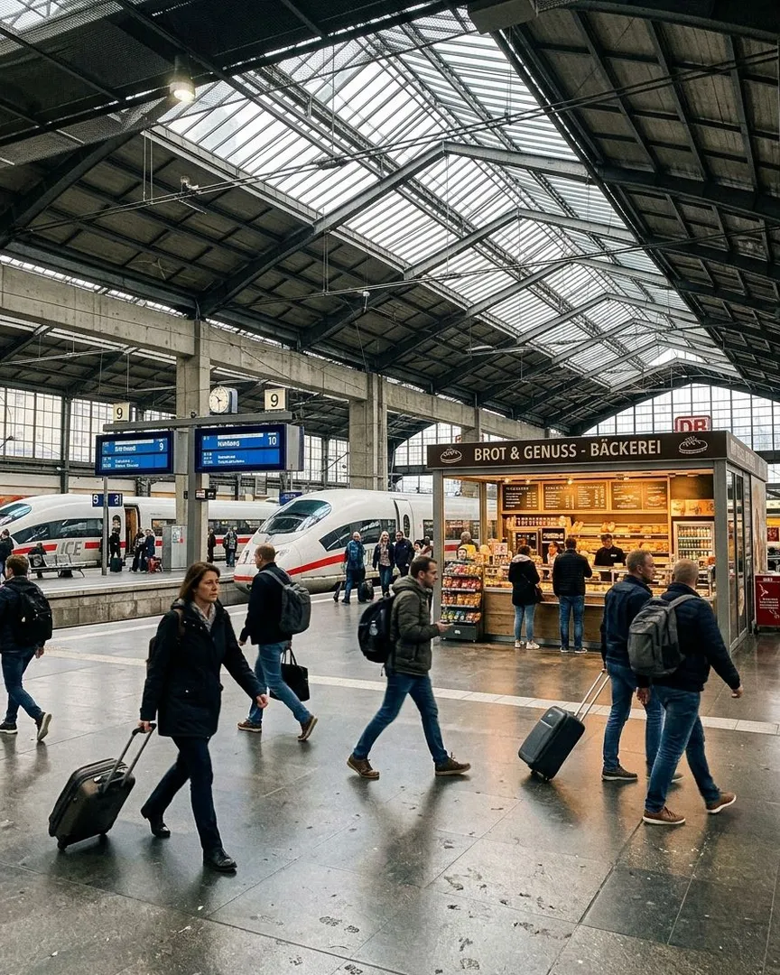 People walking with luggage on a busy platform inside a European train station with arched glass ceilings.