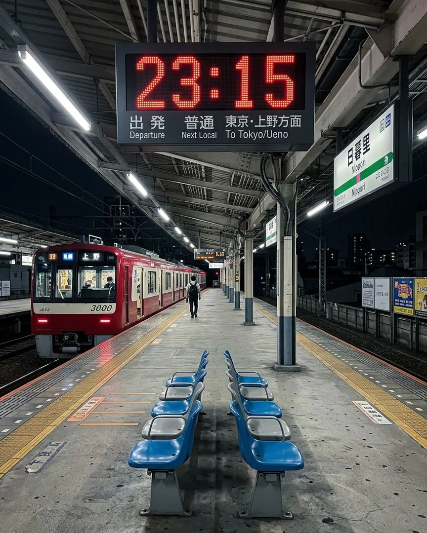 A red train stopped at a Japanese train station platform at night under a digital clock.
