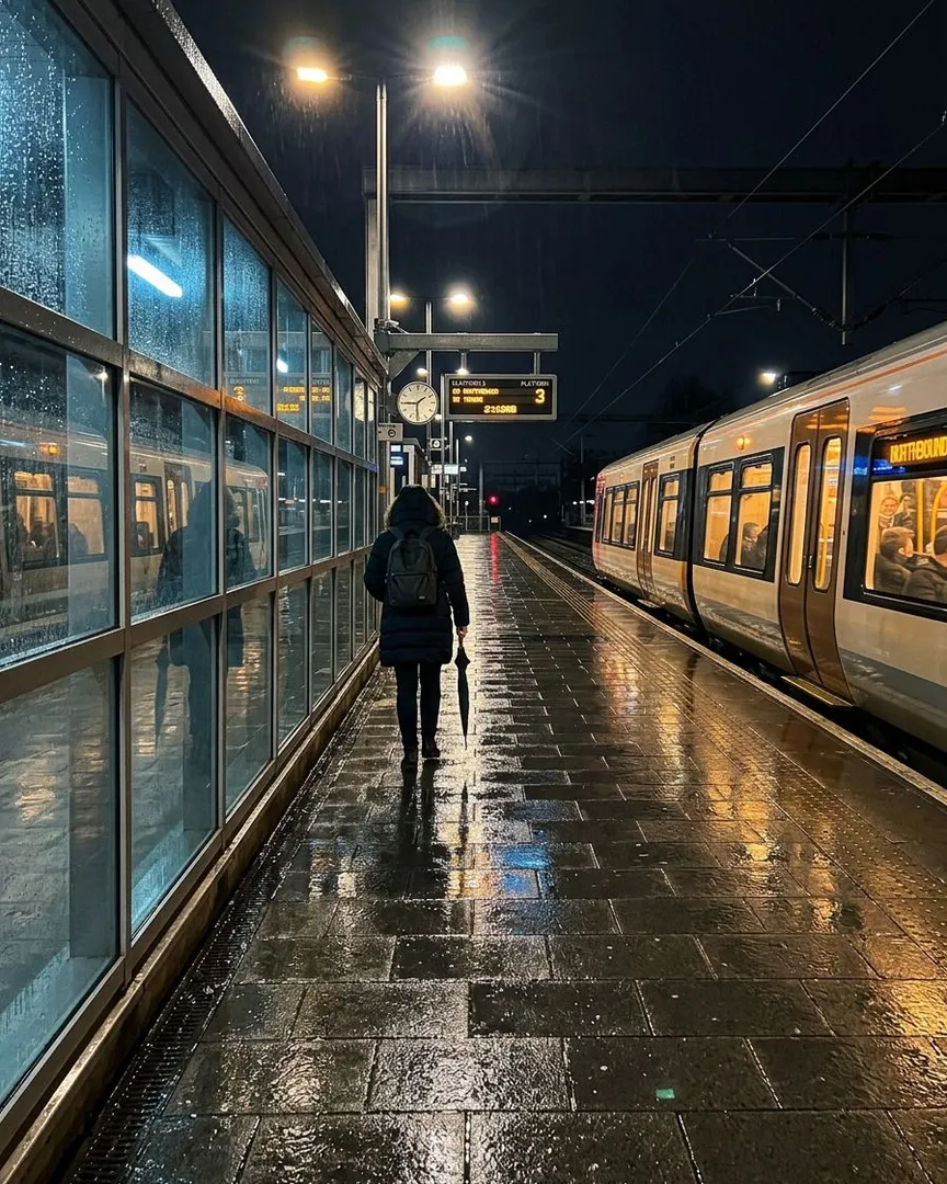 A person with a backpack walks down a wet train platform at night next to a train.